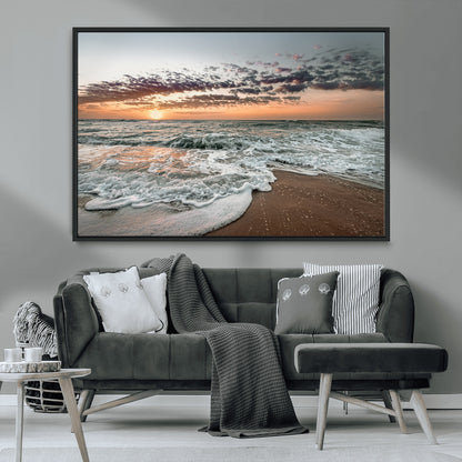 40632752-MGV-CV-36X24-Ocean Sunset Wall Art Canvas Print, Framed Beach Waves Art Picture Print, Coastal Scene Perfect Coastal Decor Artwork