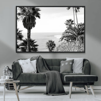 89458520-MGV-CV-36X24-Palm Trees Wall Art Canvas Print, Framed Coastal View Art Picture Print, Ocean Horizon Perfect Monochrome Coast Decor Artwork