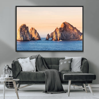 72996116-MGV-CV-36X24-El Arco Wall Art Canvas Print, Framed Cabo Rocks Art Picture Print, Ocean Arch Perfect Golden Coastal Landmark Decor Artwork