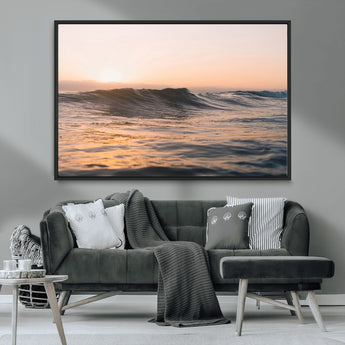 46299358-MGV-CV-36X24-Sunset Waves Wall Art Canvas Print, Framed Ocean Horizon Art Picture Print, Golden Water Perfect Golden Hour Coastal Decor Artwork