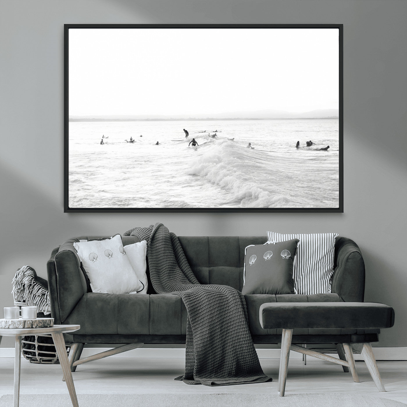 33449548-MGV-CV-36X24-Group Surfers Wall Art Canvas Print, Framed Ocean Wave Art Picture Print, Surf Crowd Perfect Monochrome Surf Decor Artwork