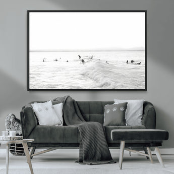 33449548-MGV-CV-36X24-Group Surfers Wall Art Canvas Print, Framed Ocean Wave Art Picture Print, Surf Crowd Perfect Monochrome Surf Decor Artwork