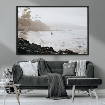 62501405-MGV-CV-36X24-Misty Beach Wall Art Canvas Print, Framed California Surfer Art Picture Print, Coastal Cliff Perfect Coastal Beach Decor Artwork