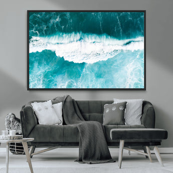 23828594-MGV-CV-36X24-Aerial Waves Wall Art Canvas Print, Framed Ocean Break Art Picture Print, Sea Foam Perfect Tropical Coastal Decor Artwork