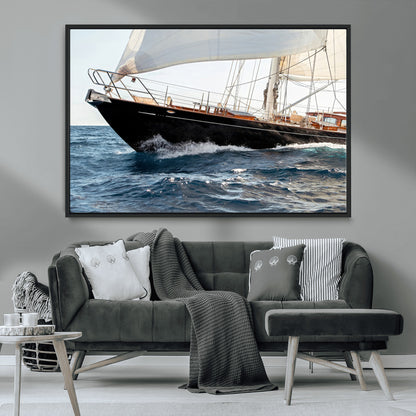 97168626-MGV-CV-36X24-Sailing Yacht Wall Art Canvas Print, Framed Wooden Yacht Art Picture Print, Ocean Waves Perfect Nautical Coastal Decor Artwork