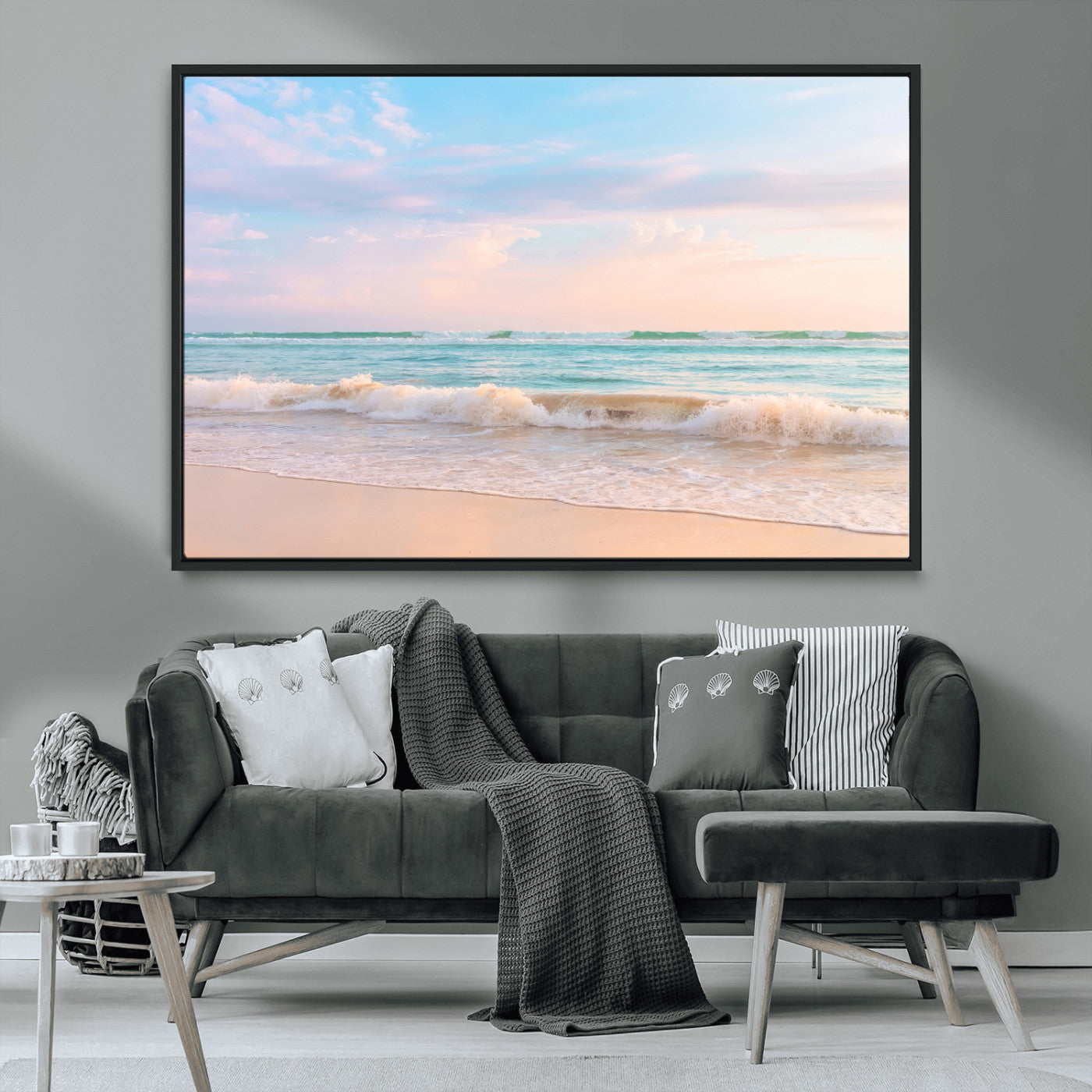 74679437-MGV-CV-36X24-Pastel Ocean Wall Art Canvas Print, Framed Beach Waves Art Picture Print, Soft Sunset Perfect Pastel Coastal Decor Artwork