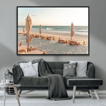 58507949-MGV-FC-36X24_Black-Beach Umbrellas Wall Art Canvas Print, Framed Empty Loungers Art Picture Print, Soft Sand Perfect Minimalist Seaside Decor Artwork