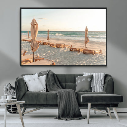 58507949-MGV-CV-36X24-Beach Umbrellas Wall Art Canvas Print, Framed Empty Loungers Art Picture Print, Soft Sand Perfect Minimalist Seaside Decor Artwork