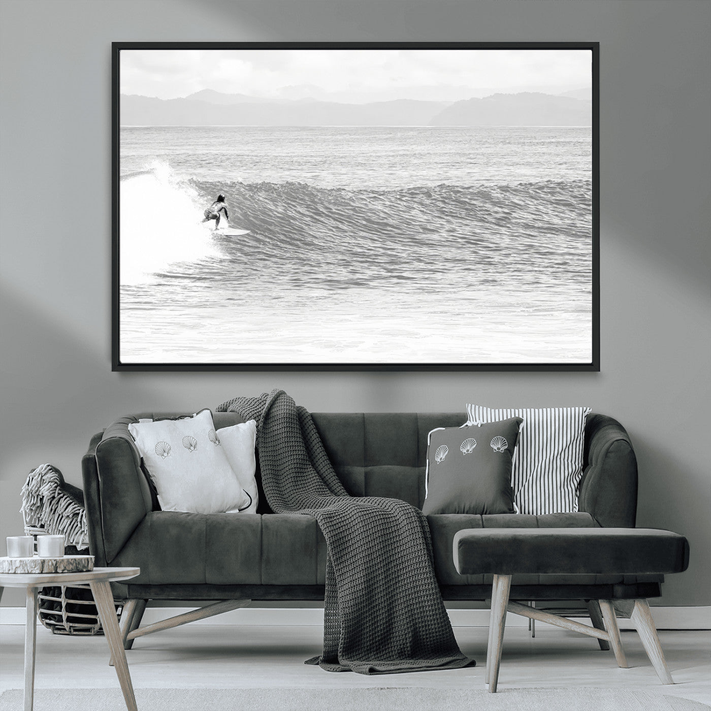 81535128-MGV-FC-36X24_Black-Surfer Woman Wall Art Canvas Print, Framed Black Ocean Art Picture Print, Ocean Surfing Perfect Monochrome Coastal Decor Artwork