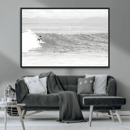 81535128-MGV-FC-36X24_Black-Surfer Woman Wall Art Canvas Print, Framed Black Ocean Art Picture Print, Ocean Surfing Perfect Monochrome Coastal Decor Artwork