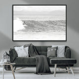 81535128-MGV-CV-36X24-Surfer Woman Wall Art Canvas Print, Framed Black Ocean Art Picture Print, Ocean Surfing Perfect Monochrome Coastal Decor Artwork