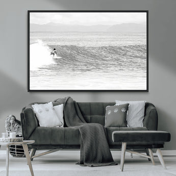 81535128-MGV-CV-36X24-Surfer Woman Wall Art Canvas Print, Framed Black Ocean Art Picture Print, Ocean Surfing Perfect Monochrome Coastal Decor Artwork