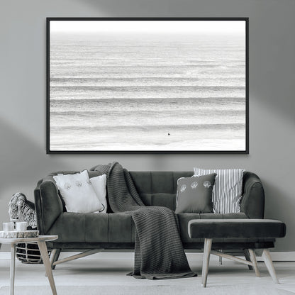66534476-MGV-CV-36X24-Lone Surfer Wall Art Canvas Print, Framed Ocean Waves Art Picture Print, Minimal Sea Perfect Minimal Coastal Decor Artwork