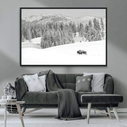 68081143-MGV-CV-36X24-Snowy Bison Wall Art Canvas Print, Framed Winter Forest Art Picture Print, Lone Bison Perfect Monochrome Winter Wild Decor Artwork