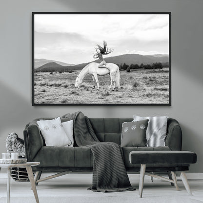 62789800-MGV-CV-36X24-White Horse Wall Art Canvas Print, Framed Woman Rider Art Picture Print, Equestrian Pose Perfect Western Boho Decor Artwork