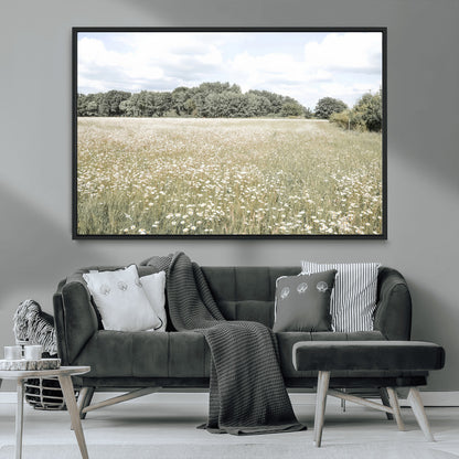43258946-MGV-CV-36X24-Daisy Field Wall Art Canvas Print, Framed Pastel Flower Art Picture Print, Meadow Bloom Perfect Scandinavian Minimalist Decor