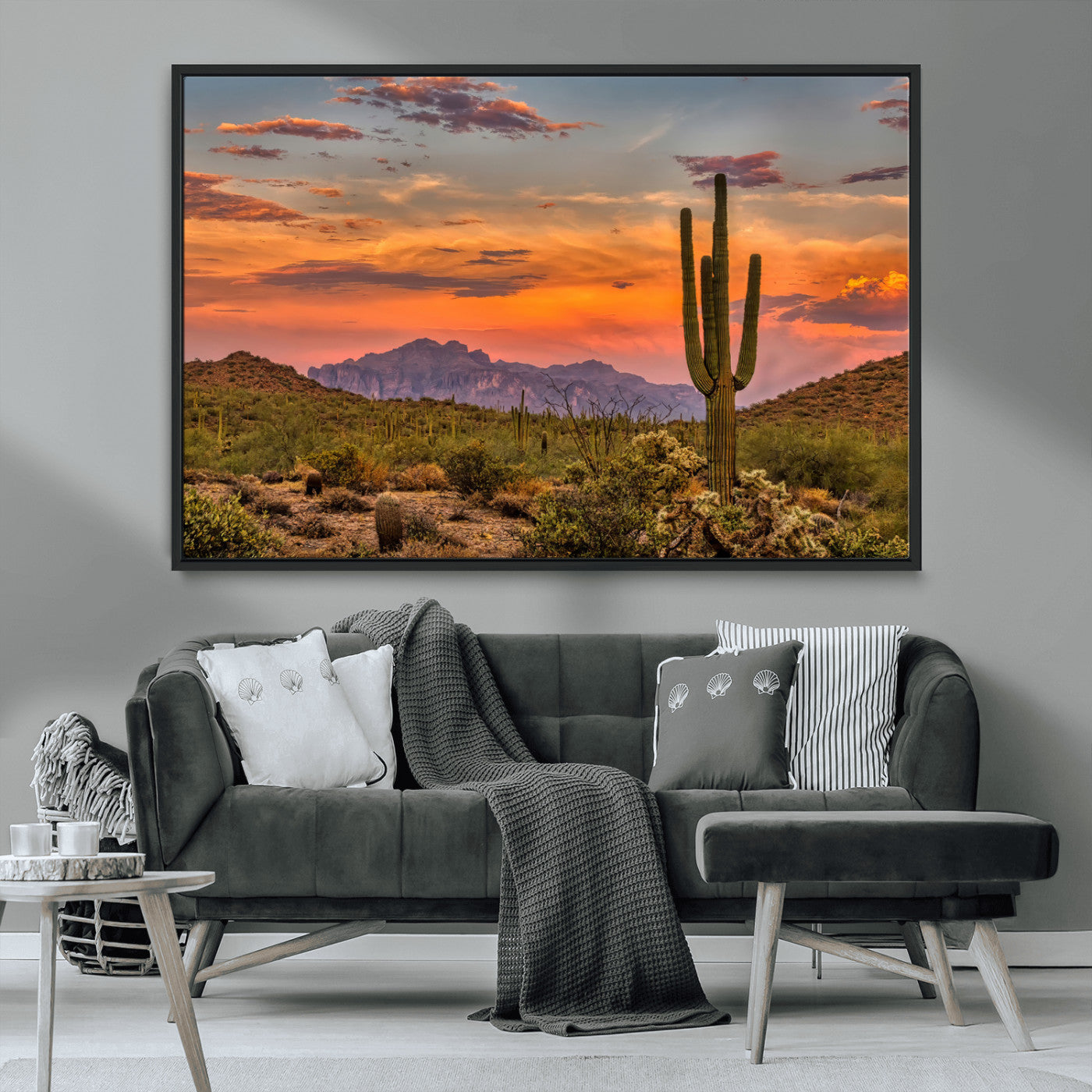 25332783-MGV-CV-36X24-Saguaro Cactus Wall Art Canvas Print, Framed Arizona Sunset Art Picture Print, Sonoran Desert Perfect Southwestern Boho Decor
