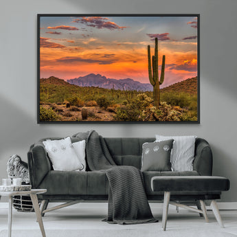 25332783-MGV-CV-36X24-Saguaro Cactus Wall Art Canvas Print, Framed Arizona Sunset Art Picture Print, Sonoran Desert Perfect Southwestern Boho Decor