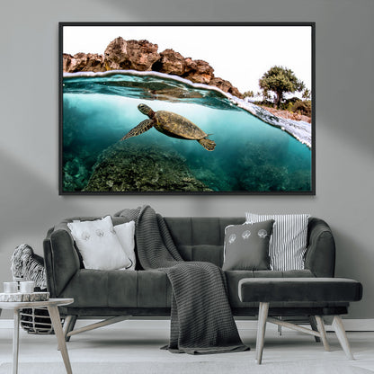 44200301-MGV-CV-36X24-Sea Turtle Swim Wall Art Canvas Print, Framed Ocean Life Art Picture Print, Tropical Shoreline Perfect Tropical Coastal Decor