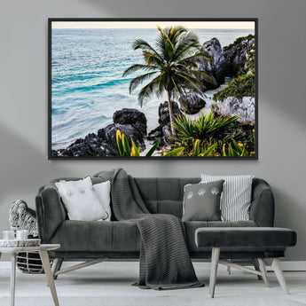 94669907-MGV-CV-36X24-Tropical Coastline Wall Art Canvas Print, Framed Palm Tree Art Picture Print, Rocky Beach Perfect Tropical Coastal Decor Artwork