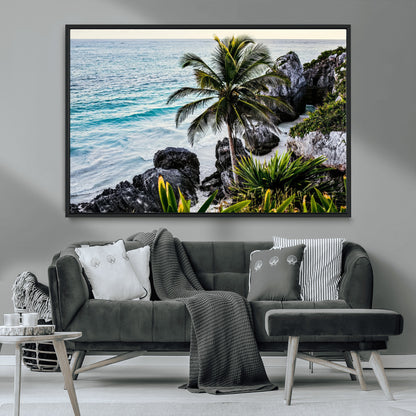 94669907-MGV-CV-36X24-Tropical Coastline Wall Art Canvas Print, Framed Palm Tree Art Picture Print, Rocky Beach Perfect Tropical Coastal Decor Artwork