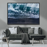 87941475-MGV-CV-36X24-Black Beach Wall Art Canvas Print, Framed Aerial Ocean Art Picture Print, Moody Coastal Perfect Modern Coastal Decor Artwork