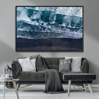 87941475-MGV-CV-36X24-Black Beach Wall Art Canvas Print, Framed Aerial Ocean Art Picture Print, Moody Coastal Perfect Modern Coastal Decor Artwork