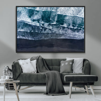 87941475-MGV-CV-36X24-Black Beach Wall Art Canvas Print, Framed Aerial Ocean Art Picture Print, Moody Coastal Perfect Modern Coastal Decor Artwork