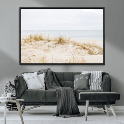 13146857-MGV-CV-36X24-Beach Dunes Wall Art Canvas Print, Framed Soft Horizon Art Picture Print, Coastal Grass Perfect Minimalist Coastal Decor Artwork