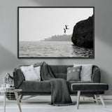 52284302-MGV-CV-36X24-Cliff Jumping Wall Art Canvas Print, Framed Ocean Adventure Art Picture Print, Black White Coast Perfect Modern Coastal Decor