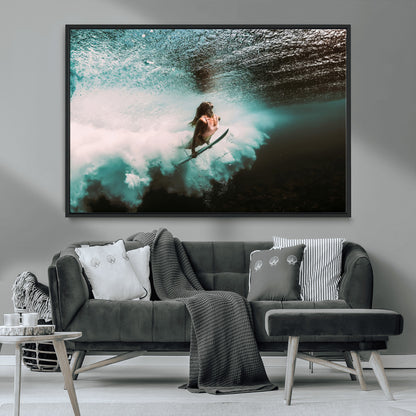 85923512-MGV-CV-36X24-Aquatic Motion Wall Art Canvas Print, Framed Underwater Swimming Art Picture Print, Female Surfer Diving Perfect Coastal Boho