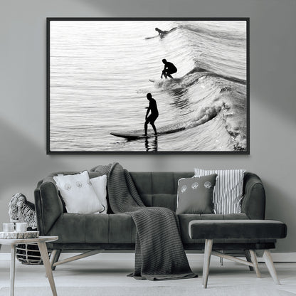 19875284-MGV-CV-36X24-Surfer Waves Wall Art Canvas Print, Framed Black White Surf Art Picture Print, Monochrome Ocean Perfect Modern Coastal Decor