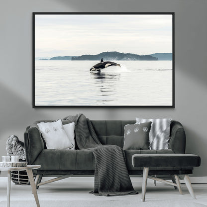 10157174-MGV-CV-36X24-Orca Whale Wall Art Canvas Print, Framed Black White Whale Art Picture Print, Minimalist Ocean Perfect Coastal Minimalist Decor