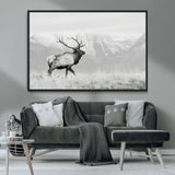 62278753-MGV-CV-36X24-Monochrome Elk Wall Art Canvas Print, Framed Mountain Wildlife Art Picture Print, Rustic Nature Perfect Rustic Minimalist Decor