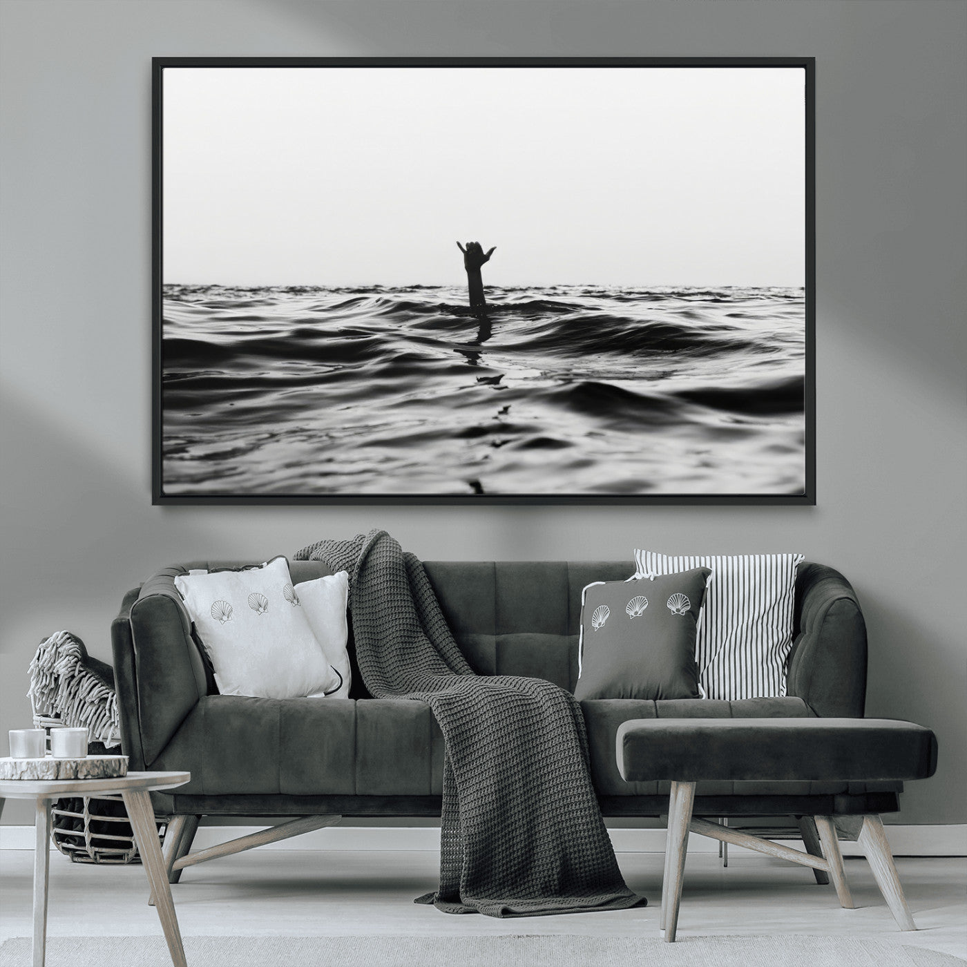 69541918-MGV-CV-36X24-Black White Ocean Wall Art Canvas Print, Framed Moody Seascape Art Picture Print, Surfer Sign Perfect Moody Minimalist Decor