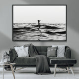 69541918-MGV-CV-36X24-Black White Ocean Wall Art Canvas Print, Framed Moody Seascape Art Picture Print, Surfer Sign Perfect Moody Minimalist Decor