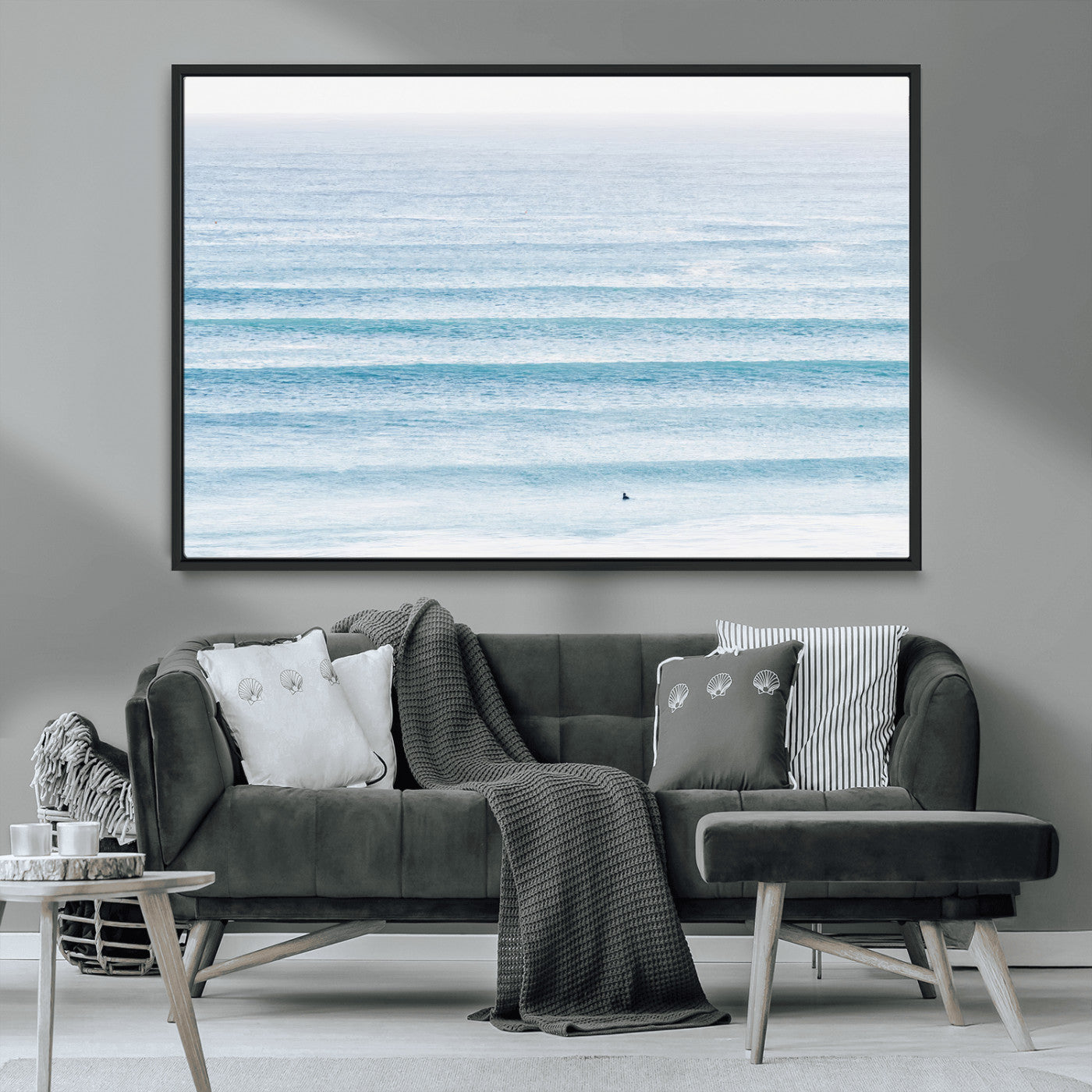 77145995-MGV-CV-36X24-Ocean Simplicity Wall Art Canvas Print, Framed Surfer on Water Art Picture Print, Light Blue Perfect Coastal Minimalist Decor