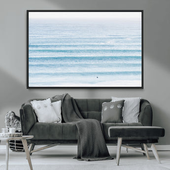 77145995-MGV-CV-36X24-Ocean Simplicity Wall Art Canvas Print, Framed Surfer on Water Art Picture Print, Light Blue Perfect Coastal Minimalist Decor