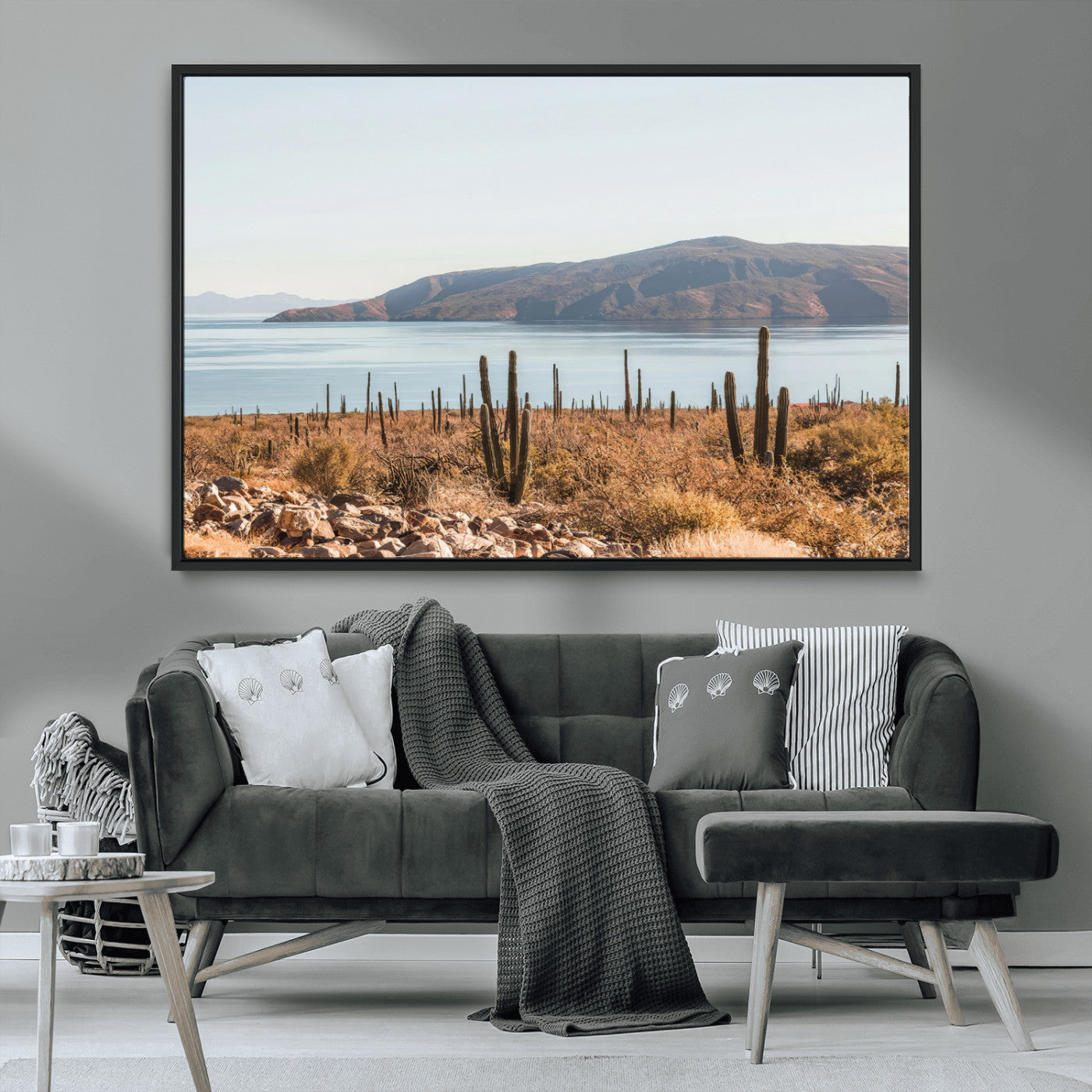 45193515-MGV-CV-36X24-Desert Cactus Wall Art Canvas Print, Framed Baja Coastline Art Picture Print, Coastal Desert Perfect Southwestern Minimalist Decor