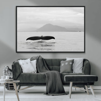 30524220-MGV-CV-36X24-Whale Tail Wall Art Canvas Print, Framed Black White Ocean Art Picture Print, Calm Marine Perfect Minimalist Coastal Decor Artwork