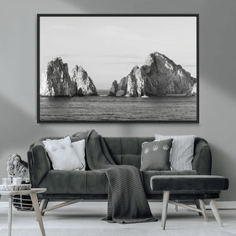18810731-MGV-CV-36X24-Rugged Coastline Wall Art Canvas Print, Framed Ocean Cliffs Art Picture Print, Monochrome Seascape Perfect Coastal Minimalist