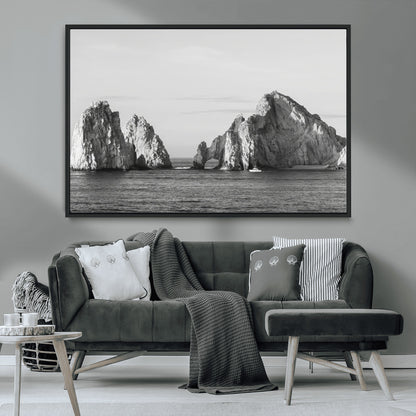 18810731-MGV-CV-36X24-Rugged Coastline Wall Art Canvas Print, Framed Ocean Cliffs Art Picture Print, Monochrome Seascape Perfect Coastal Minimalist