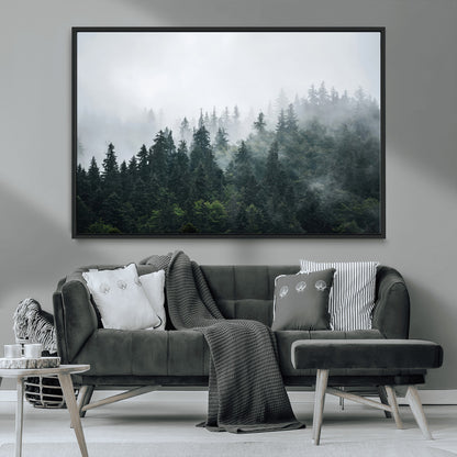 84146572-MGV-CV-36X24-Foggy Pine Trees Wall Art Canvas Print, Framed Forest Nature Art Picture Print, Evergreen Forest Perfect Scandinavian Minimalist