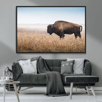 99620201-MGV-CV-36X24-Wild Bison Wall Art Canvas Print, Framed Bison in Prairie Art Picture Print, Rustic Western Perfect Rustic Western Decor Artwork