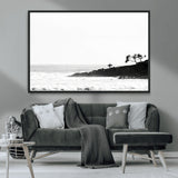 40875891-MGV-CV-36X24-SurferCliffs Wall Art Canvas Print, Framed Black White Beach Art Picture Print, Ocean Waves Perfect Minimalist Coastal Decor