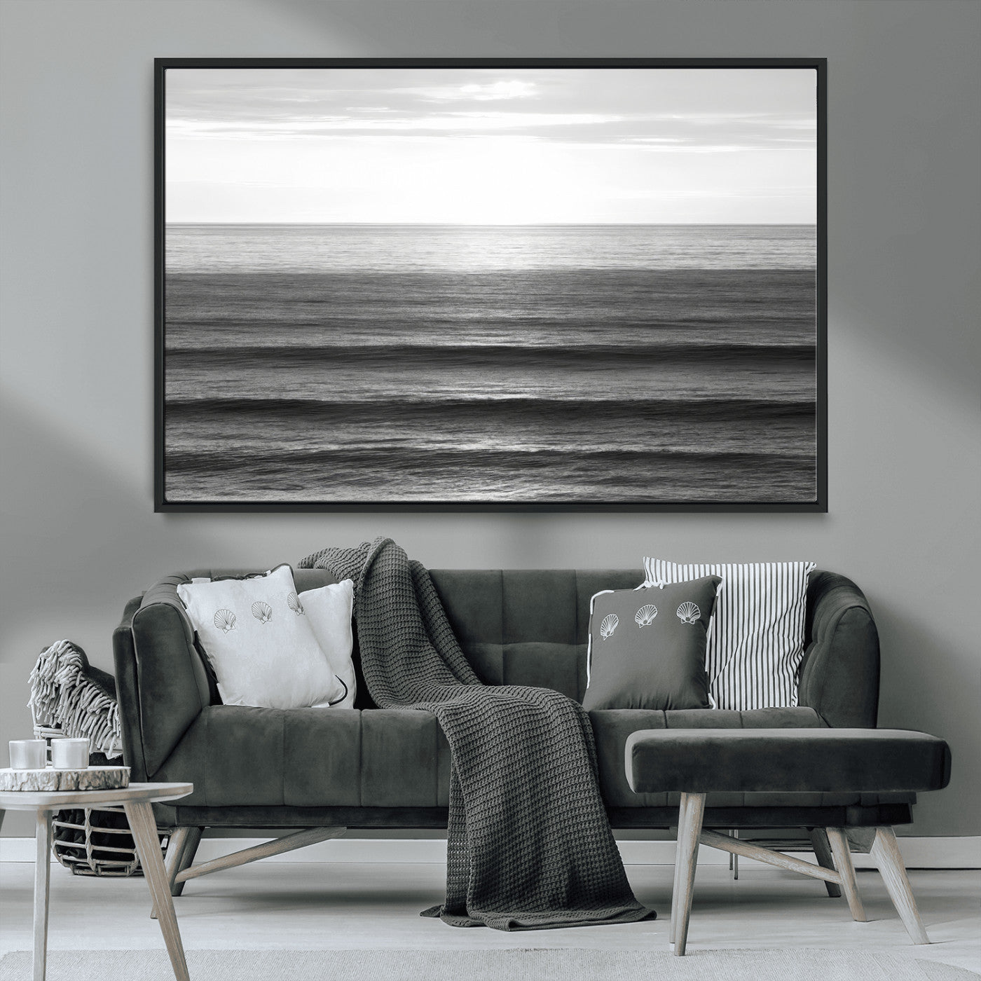 47305203-MGV-CV-36X24-Monochrome Ocean Wall Art Canvas Print, Framed Moody Ocean Art Picture Print, Calm Ocean Perfect Minimalist Coastal Decor Artwork