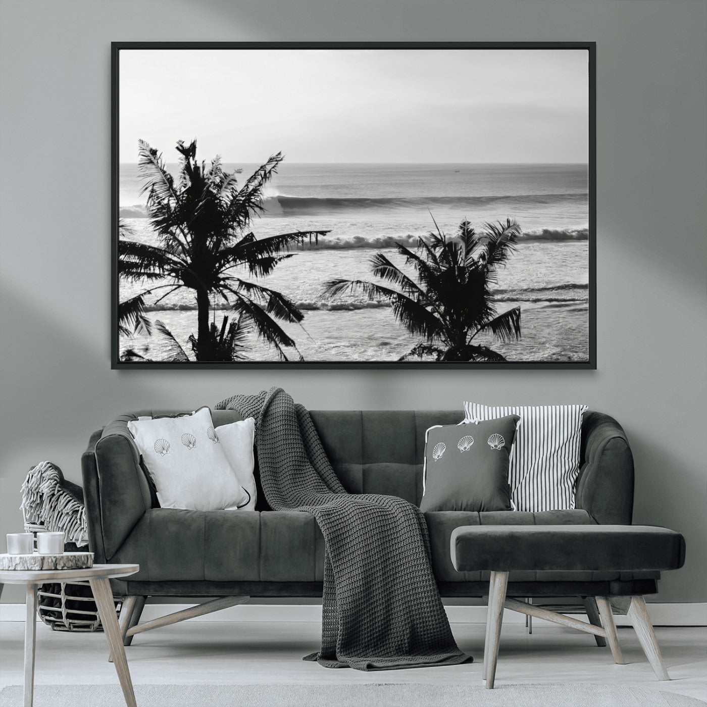 17508038-MGV-CV-36X24-Tropical Coastline Wall Art Canvas Print, Framed Palm Trees Art Picture Print, Ocean Waves Perfect Minimalist Coastal Decor