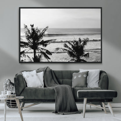 17508038-MGV-CV-36X24-Tropical Coastline Wall Art Canvas Print, Framed Palm Trees Art Picture Print, Ocean Waves Perfect Minimalist Coastal Decor