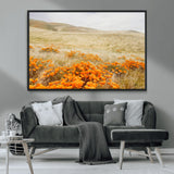 28972262-MGV-CV-36X24-Golden Wildflowers Wall Art Canvas Print, Framed Hills Bloom Art Picture Print, Poppy Meadow Perfect Rustic Nature Decor Artwork