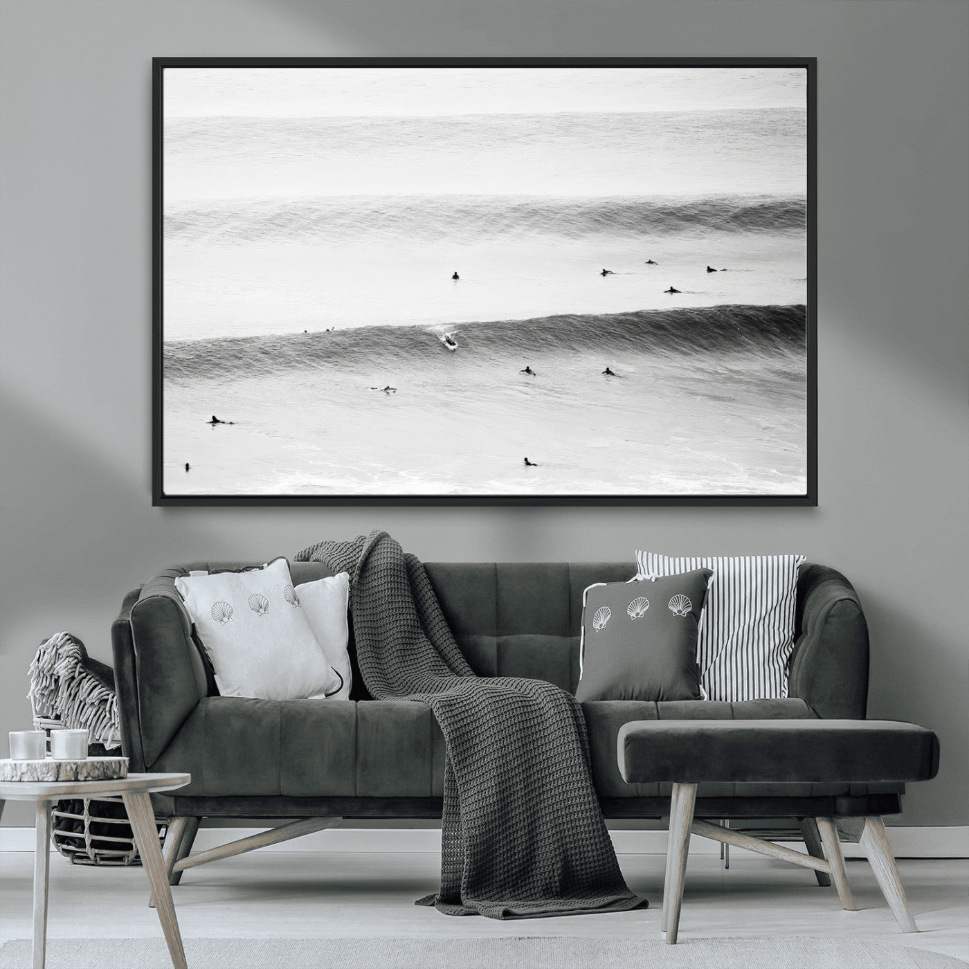 54291445-MGV-CV-36X24-Black White Ocean Wall Art Canvas Print, Framed Coastal Sport Art Picture Print, Ocean Culture Perfect Minimalist Coastal Decor